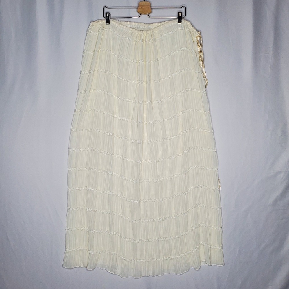 Sheer Cream Tiered Ruffle Maxi Skirt Medium Boho Bohemian Drawstring Waist Flowy